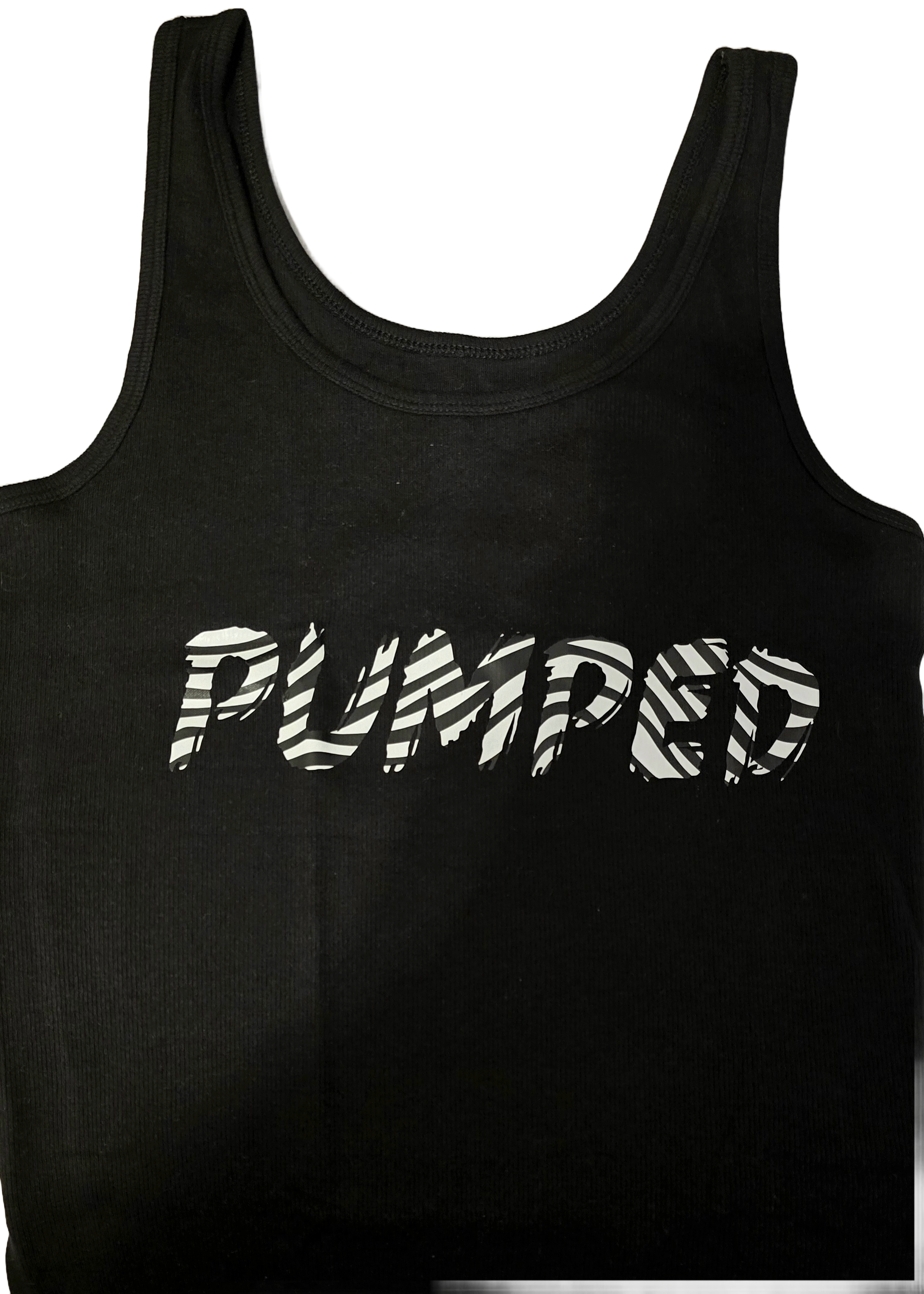 PUMPED Black Tank Top Stretchy Zebra Print
