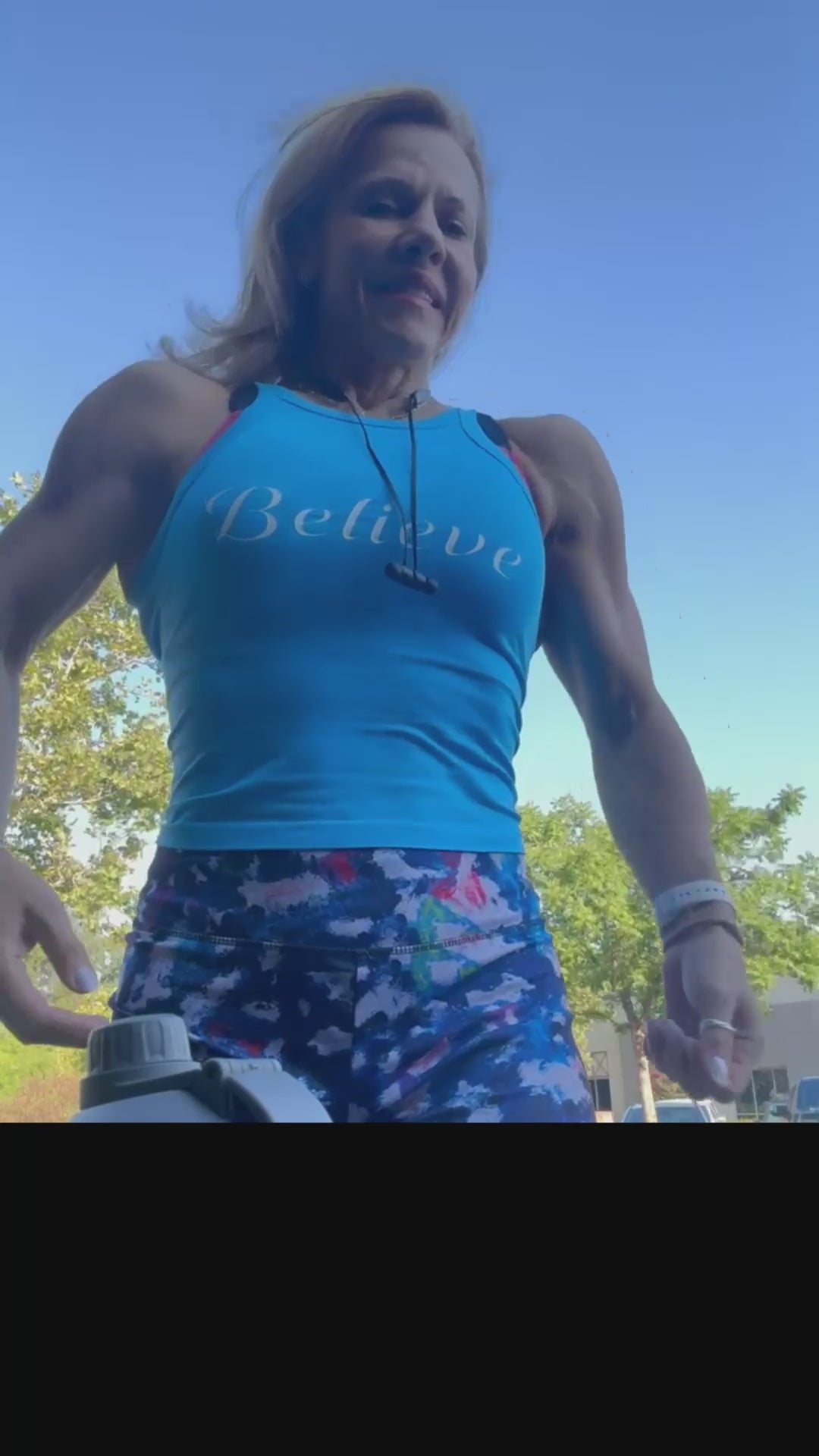 Believe Blue Crop Tank Top White Print