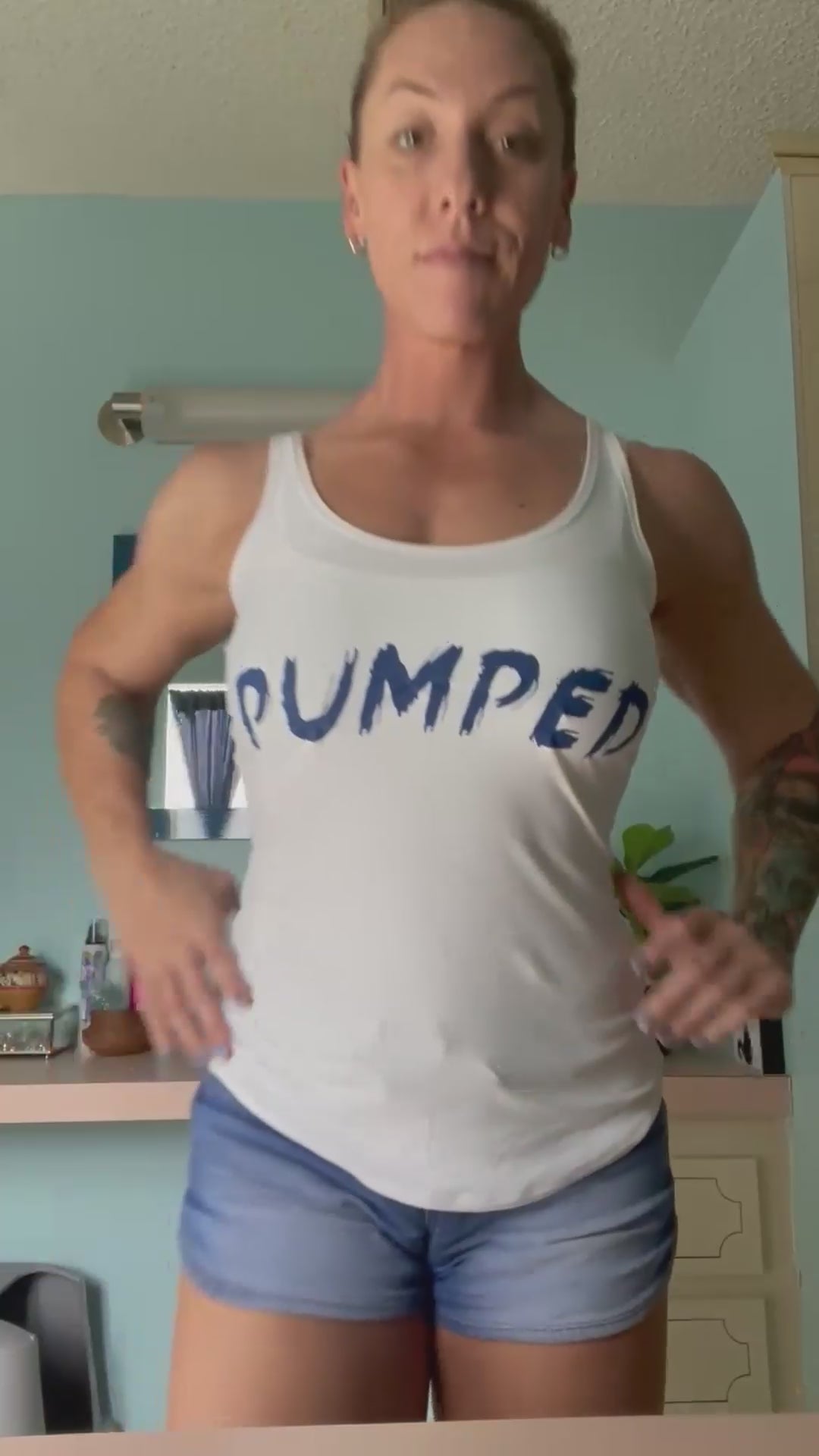 PUMPED White Tank Top with Blue